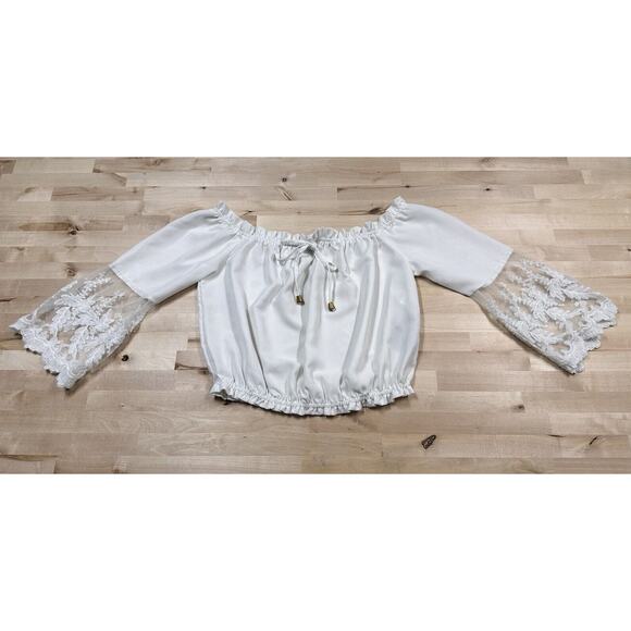 RedTag Tops - RedTag Women White Boho Long Sleeve Crop Top Lace Sleeves UK Size 16 (M)